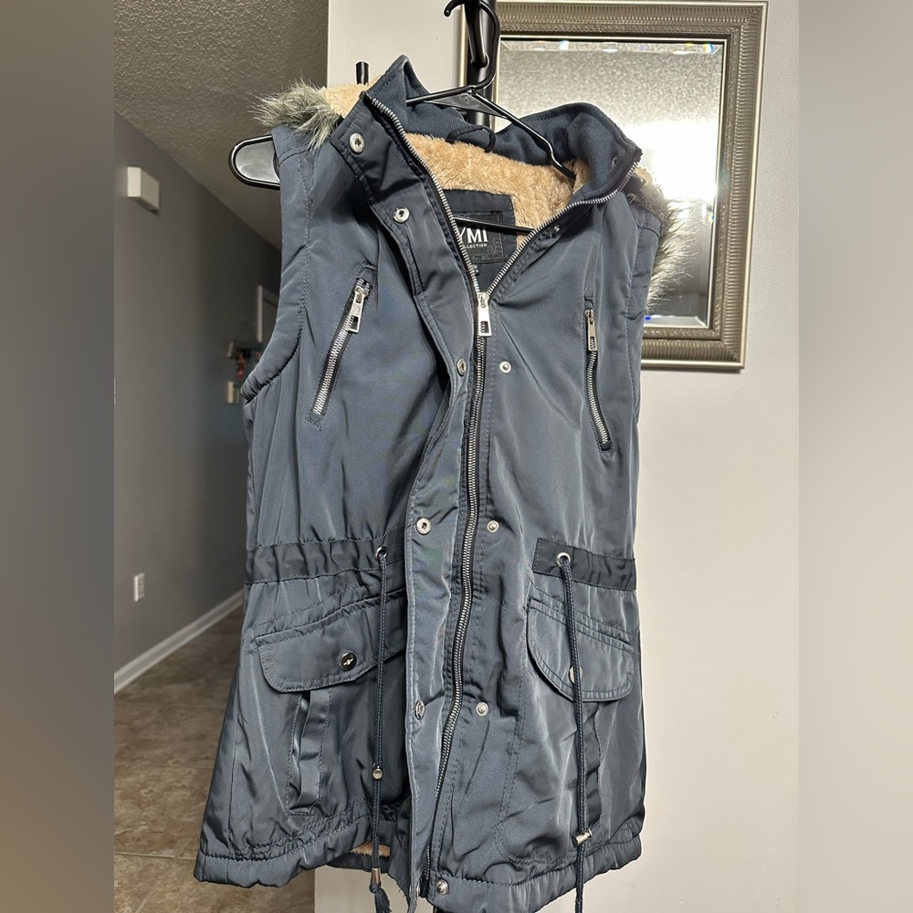 NWT Navy Blue Vest w Fur lining & Gray Fur Hood